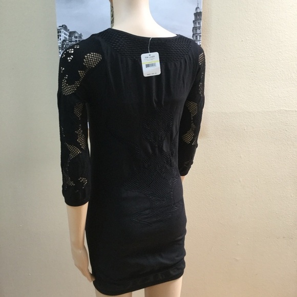 Free People Placed Cutwork Slip Black 3/4 Sleeve Bodycon Dress - Picture 7 of 9